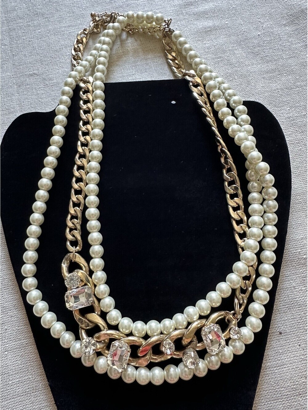 Art Deco Faux Pearl + Chain + Sparkly Clear Gem Necklace Chunky Statement